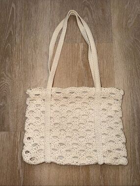 Cream Crochet Tote Bag - Classic Handwoven Shoulder Bag